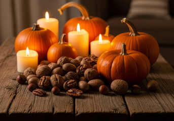 Thanksgiving centerpiece with pumpkins, candles, and pecans.