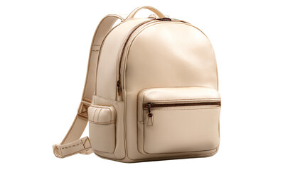 Light Beige Leather Backpack with Front Pocket and Zipper Details, cut out transparent