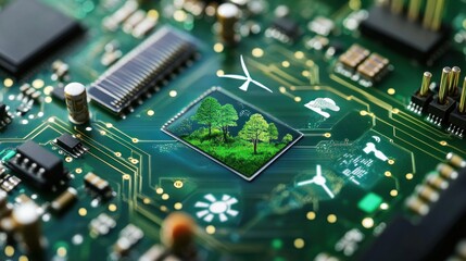 Close-up of a circuit board with a miniature landscape of trees within a microchip, surrounded by symbols of renewable energy