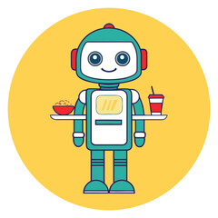 Illustration of a cute robot waiter holding a tray with food and drink on a yellow background