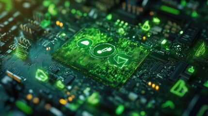 Close-up of a circuit board with glowing green icons depicting data processing and transfer, suggesting technological innovation and digital connectivity