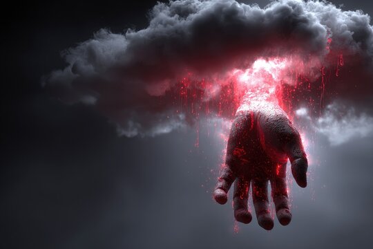 A dramatic hand, fiery and powerful, emerges from a dark cloud