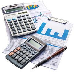 Two calculators, financial documents, and a pen, suggesting business analysis or accounting