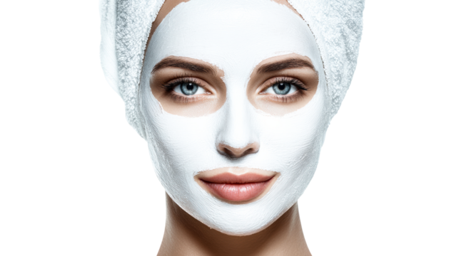 Woman with white face mask and fluffy towel on head, cut out transparent