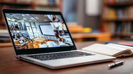 Close medium shot of a laptop screen showing virtual classroom interface with blurred notebook and pen on desk emphasizing remote learning technology setup. - Powered by Adobe