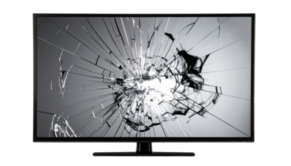 Cracked LED TV Screen, Eye Level View, Isolated on Transparent Background