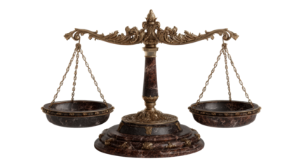 Ornate Brass Balance Scale with Marble Base on White, cut out transparent