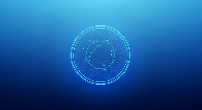 Abstract glowing blue geometric shape in a circle on a gradient background representing technology and science.