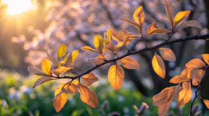 macro photograph of fresh green leaf tree twig morning spring forest with natural light sunshine shining through early foliage nature wallpaper background