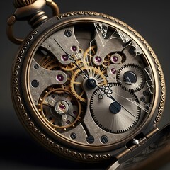 Intricate inner workings of an antique pocket watch with broken glass.