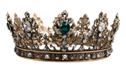 Ornate golden crown with green gemstone and sparkling diamonds, cut out transparent