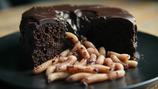 Disgusting Chocolate Cake Infested With Crawling Maggots.