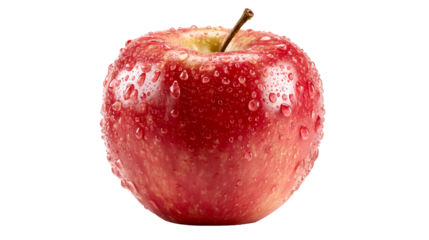 Ripe red apple with fresh water droplets on its surface, cut out transparent