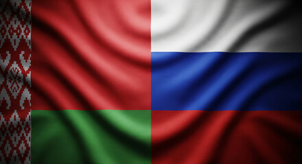 Obraz premium Belarus And Russia Fabric Flags Split Screen Divided With High Detail Texture And Subtle Folds Covering Full Canvas Dramatic Vignette Lighting JPG
