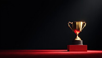 Golden trophy on a red platform, dark background
