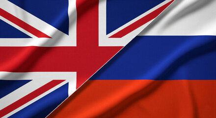 UK And Russia Fabric Flags Split Screen Diagonally With High Detail Texture And Folds Covering Full Canvas Divided Dramatic Vignette Lighting JPG