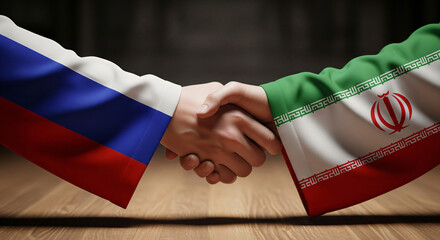 Iran And Russia Handshake With Fabric Flag Sleeves Realistic Close Up At Diplomatic Table Split Screen Divided Soft Blur Cinematic JPG