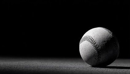 A weathered baseball rests on a dark surface
