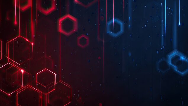 Abstract digital background with red and blue hexagons and glowing lines