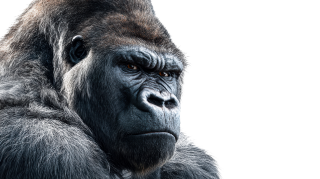 Majestic Gorilla Portrait with Intense Gaze Against a White Background, cut out transparent