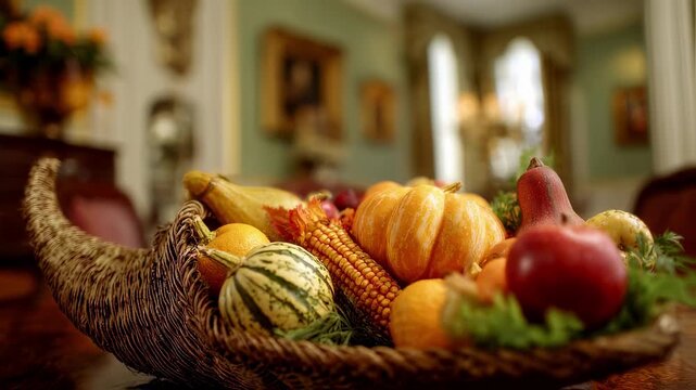 Medium shot of a harvest cornucopia centerpiece filled with vibrant gourds and fruits with the background dining room softly out of focus emphasizing Thanksgiving abundance and