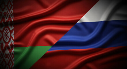 Fototapeta premium Belarus And Russia Fabric Flags Split Screen Diagonally Divided With High Detail Texture And Folds Covering Full Canvas Dramatic Vignette Lighting JPG