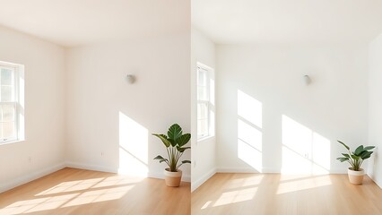 Obraz premium Simple room comparison showing plain walls versus freshly painted walls with natural light.