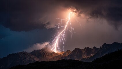 Dramatic lightning strike over mountain peaks at night
