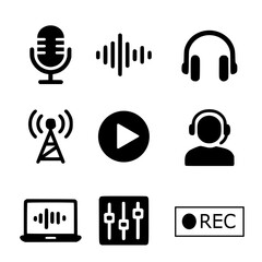 Professional podcast and audio icons set for media, broadcasting, recording, streaming, and music production. Perfect for websites, apps, and digital content.