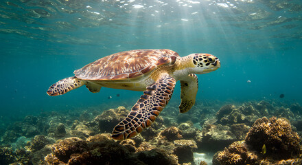 Fototapeta premium Green sea turtle gracefully glides through sunlit tropical waters, exploring vibrant coral reefs in its natural marine habitat, showcasing the beauty of the underwater world