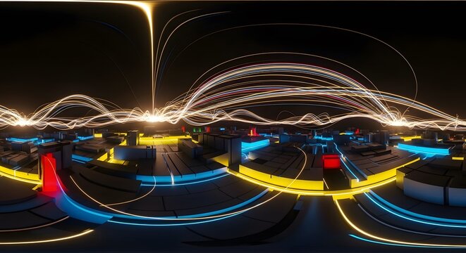 A futuristic, virtual reality interior design with glowing lines and patterns. - Powered by Adobe