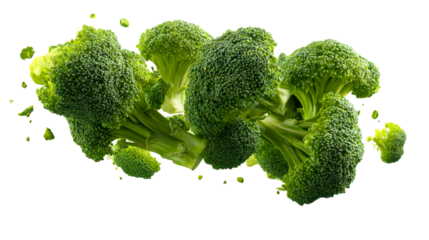 Fresh Broccoli Florets and Stems Mid-Air Against a White Background, cut out transparent
