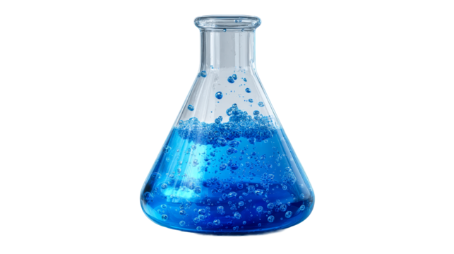 Glass laboratory flask with vibrant blue liquid and numerous bubbles, cut out transparent