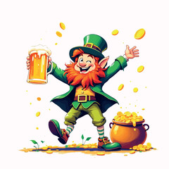Vsai happy leprechaun celebrating saint patrick's day with beer and gold coins