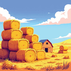 Vsai hay bales stacked high on a sunny farm with barn in background