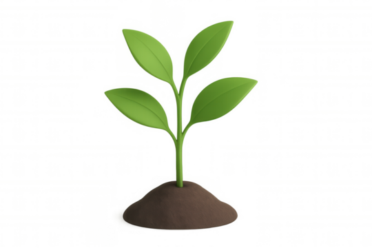 3d rendering of a small plant with leaves growing from a mound of dirt, isolated on transparent background