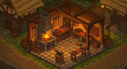 Isometric View of Medieval Blacksmith Workshop