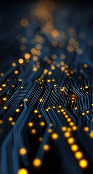 Intricate circuit board, glowing gold accents