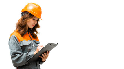 Asian woman in safety helmet and work uniform writing on clipboard, cut out transparent
