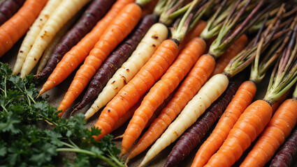 High-resolution studio photo of a row of multicolored carrots with vibrant colors, glossy texture, and appetizing appearance. Perfect for healthy food, culinary, and fresh produce concepts.