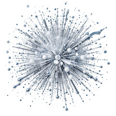 Obraz premium Abstract metallic particle starburst explosion with glowing connections on white background, futuristic digital design