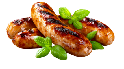Juicy grilled sausages with fresh basil garnish presented on a white surface, cut out transparent