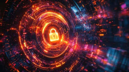 Obraz premium A vibrant digital illustration depicting a padlock at the center of swirling data streams, symbolizing cybersecurity and protection.