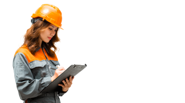 Asian woman in safety helmet and work uniform writing on clipboard, cut out transparent - Powered by Adobe