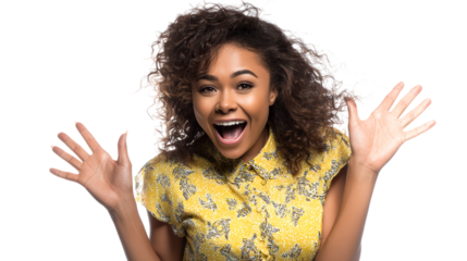 Excited Black Woman With Curly Hair Raises Hands in Joyful Surprise, cut out transparent
