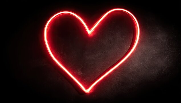 Red neon heart shape against dark background - Powered by Adobe