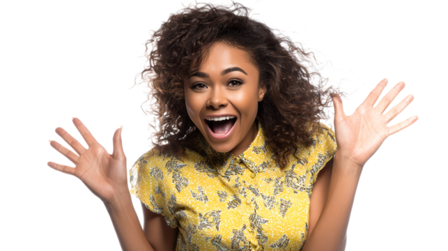 Excited Black Woman With Curly Hair Raises Hands in Joyful Surprise, cut out transparent