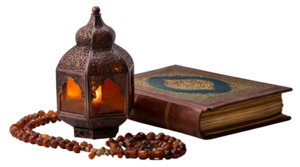 Ornate metal lantern with lit candle sits beside an ancient leather-bound book and prayer beads, cut out transparent