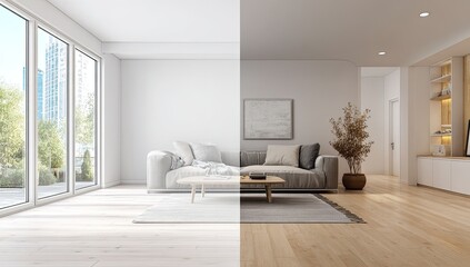 Interior design split view, light and dark color schemes