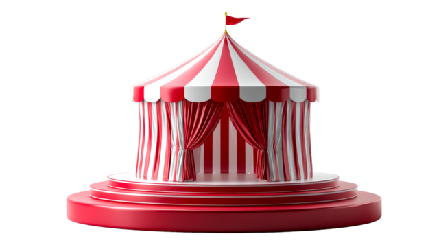 Classic striped red and white event tent with festive curtains and flag, cut out transparent